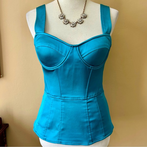 Walter Baker Turquoise Blue Satin Bustier Corset Peplum Tank Top Blouse Size 4 - Picture 2 of 8
